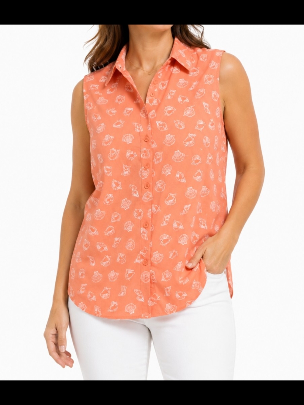 Sleeveless Coral Print Button-Front Blouse